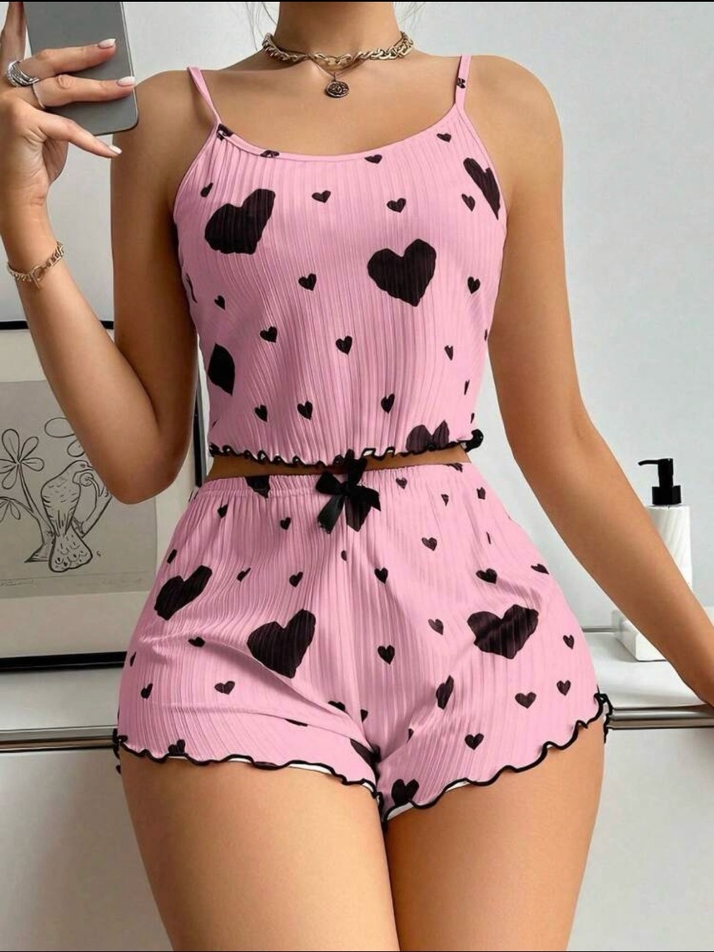 Pink Heart Print Ribbed Cami & Short Sleep Set Size S